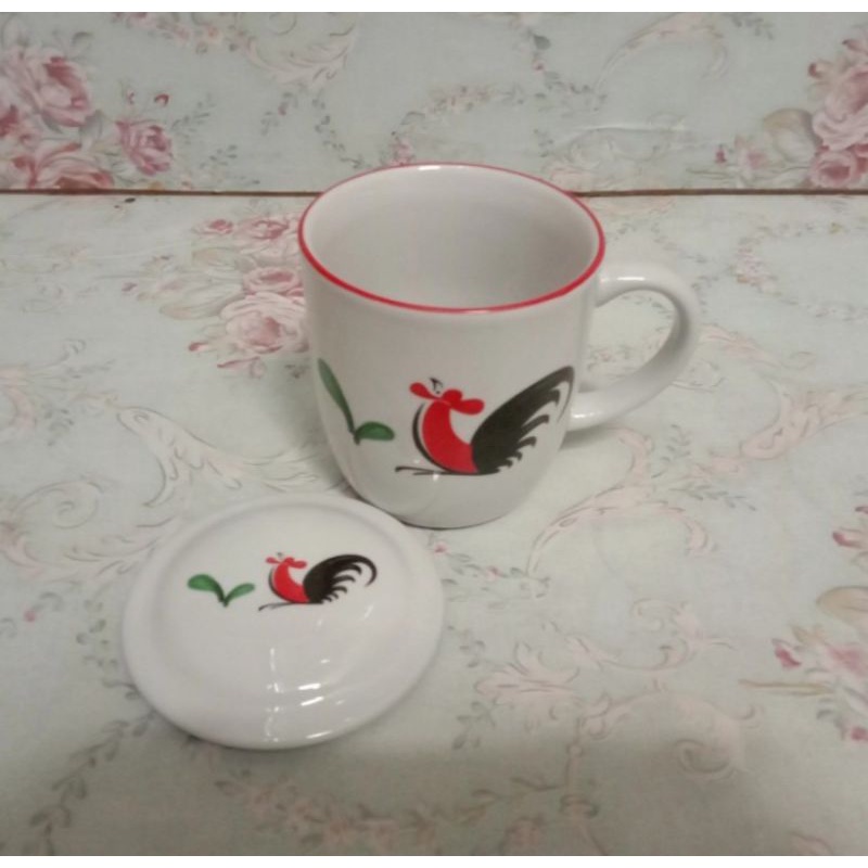 Mug gagang keramik + tutup motif ayam jago kopin