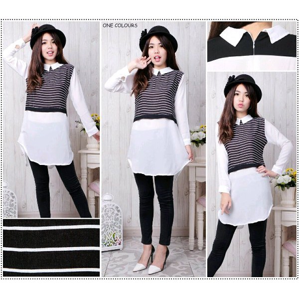 Baru yc Masami long blouse kemeja hem putih simple elegan stripe garis salur  pasangan pria wanita
