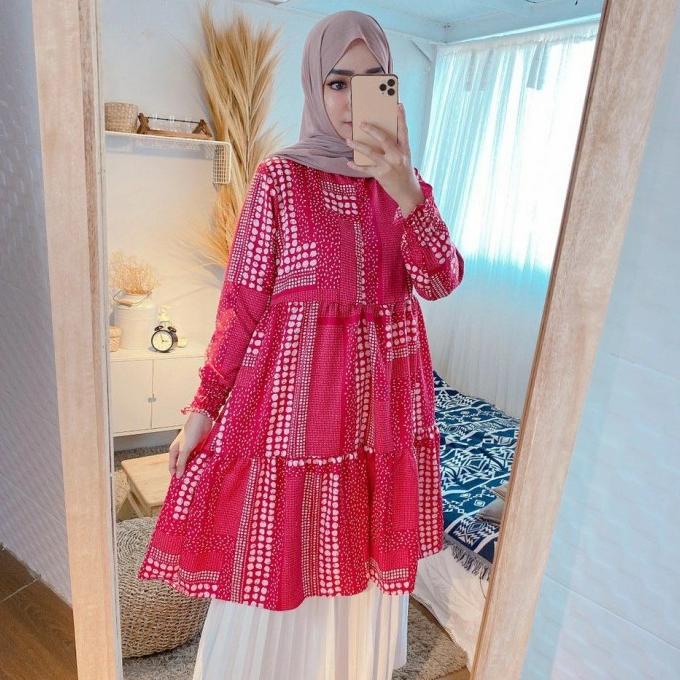 Baju Muslim Wanita Tunik Laura Motif Warna Pink Fanta Maxmara Busui