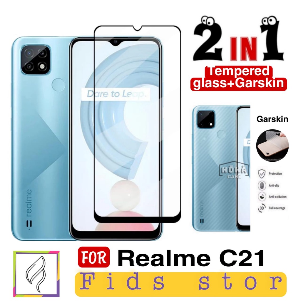 PROMO 2in1 Tempered Glass REALME C21 TG Layar FULL COVER Black Premium Free GarSkin Carbon flexible