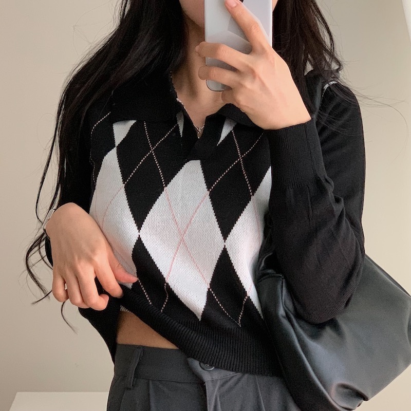 [chaoo.id]Knit Kotak-kotak Atasan V-neck Wanita Import Lengan Panjang Knitwear Loose /Cardigan Rajut V-Neck Lengan Panjang Gaya Retro Untuk Wanita/Korean Vneck Crop Top Blouse / Polo Shirt Atasan Wanita