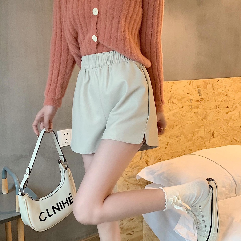 #Sisjuly# Kulit Celana Pendek Wanita2022Baru Pinggang Tinggi Kulit Celana Pendek Pelangsing Kasual Lebar Kaki