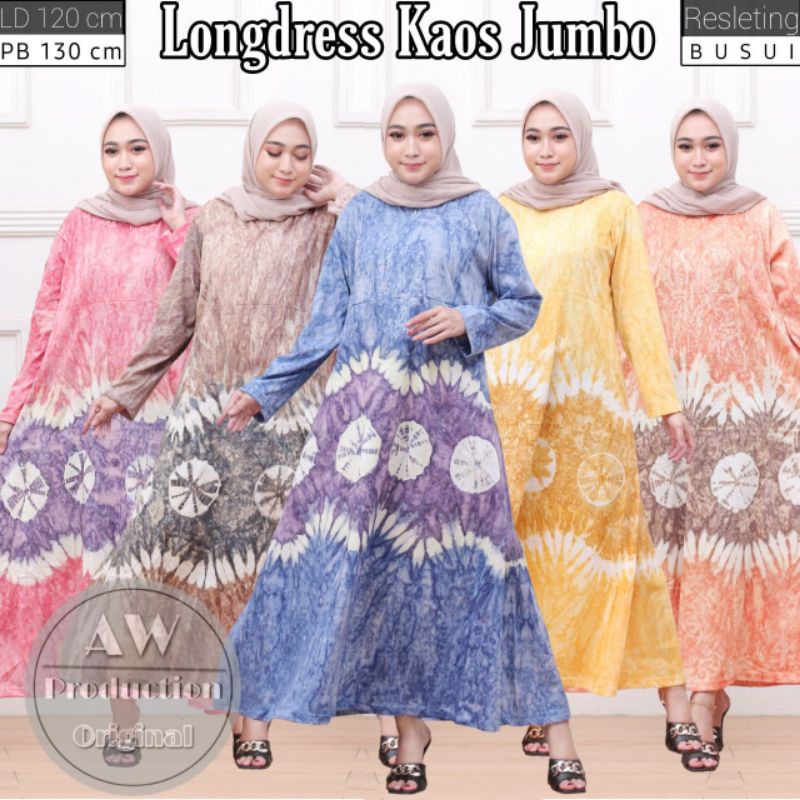 Daster Kaos Jumbo Busui Resleting Depan Lengan Panjang Jumputan Tiedye Pelangi