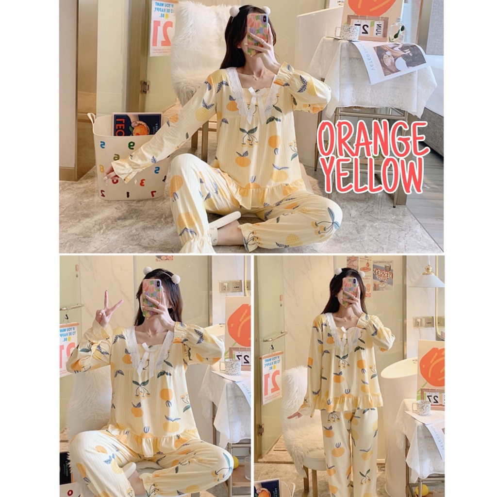 PIYAMA LACE WANITA IMPORT SETELAN BAJU TIDUR KOREA IMPOR DAILY SANTAI LENGAN PANJANG