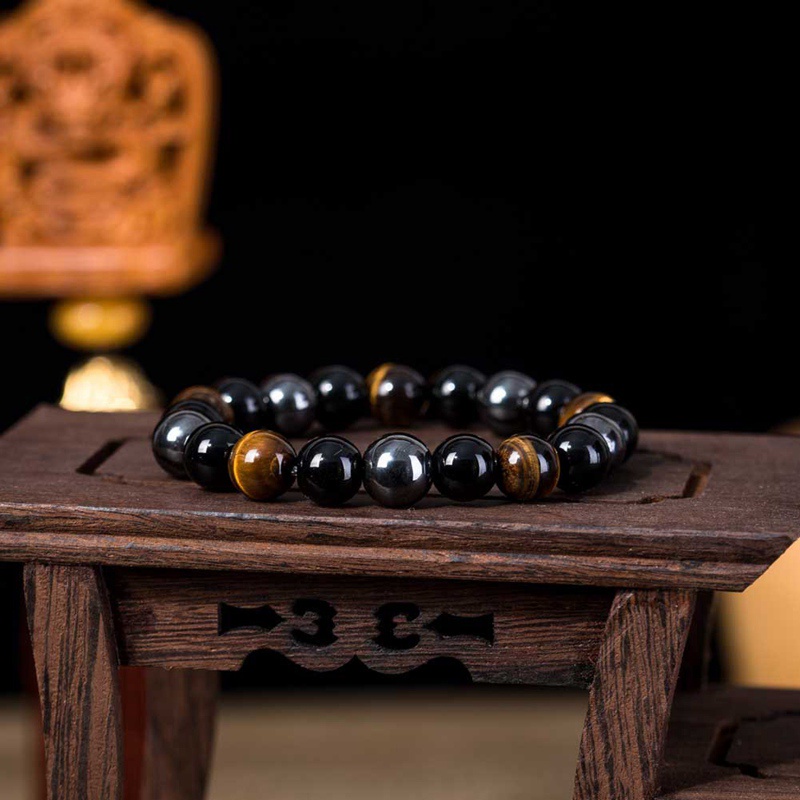 Fancyqube 8/10mm Tiger Eye Black Obsidian Stone Bead Bracelet