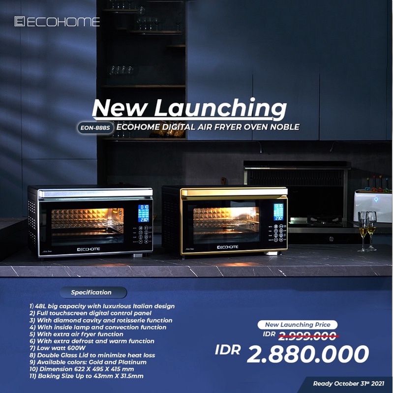 ECOHOME DIGITAL AIR FRYER OVEN EON-888S Dengan fungsi defrost