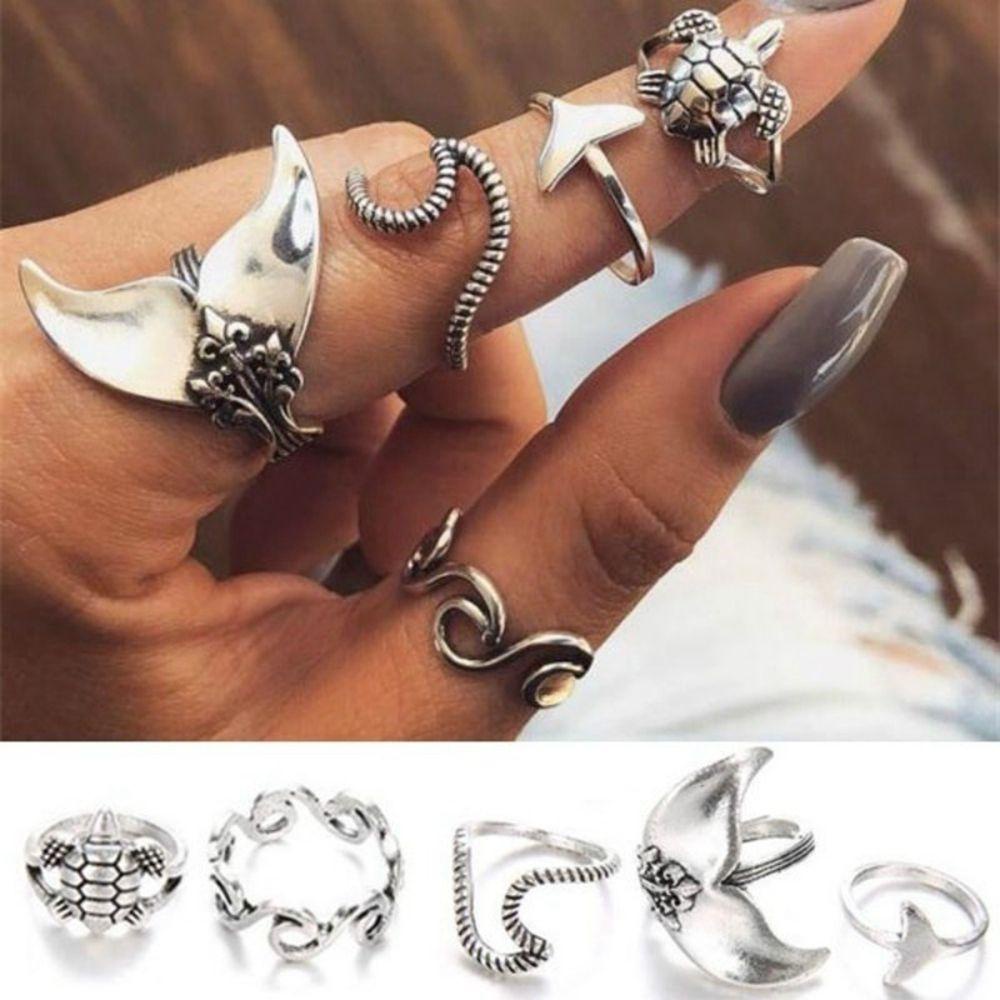 Preva 5PCS Cincin Set Cincin Gaya Boho Knuckle Charm Ekor Paus