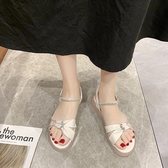TBIG [COD] Sandal Flat Tali Wanita QUENBI Import Korea Style Santai Wanita Remaja