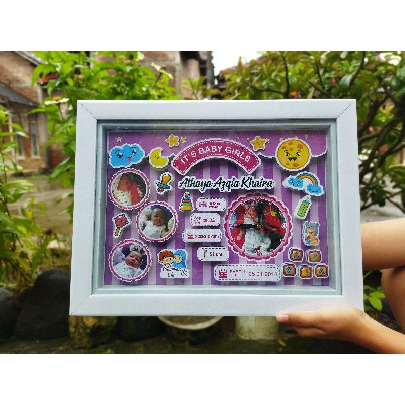 Scrapframe 3D Biodata Bayi - Kado bayi paket hemat + jam Custom