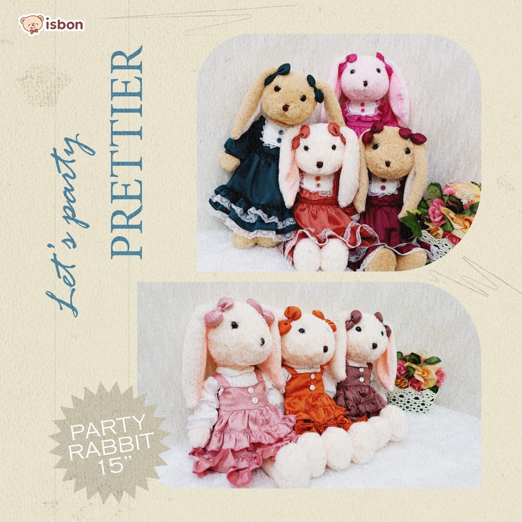 ISTANA BONEKA Boneka Kelinci Rabbit Echo  Warna Peach With Baju Party Orange Lucu Menggemaskan  By ISTANA BONEKA