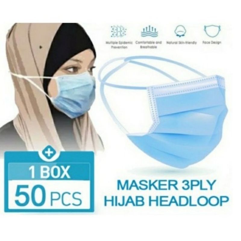 Medan Termurah 50pcs Facemask 3 ply headloop anti debu Masker hijab