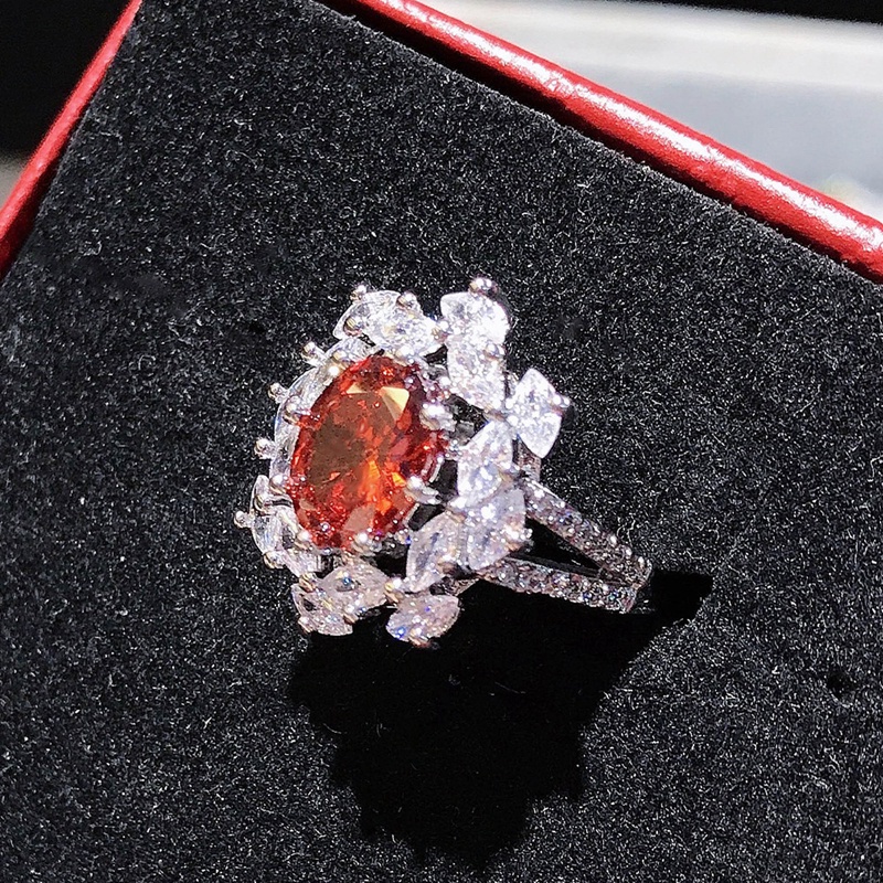 Fancyqube Cincin Silver Bentuk Kepingan Salju Oval Hias Cubic Zirconia Aaa Merah Untuk Wanita