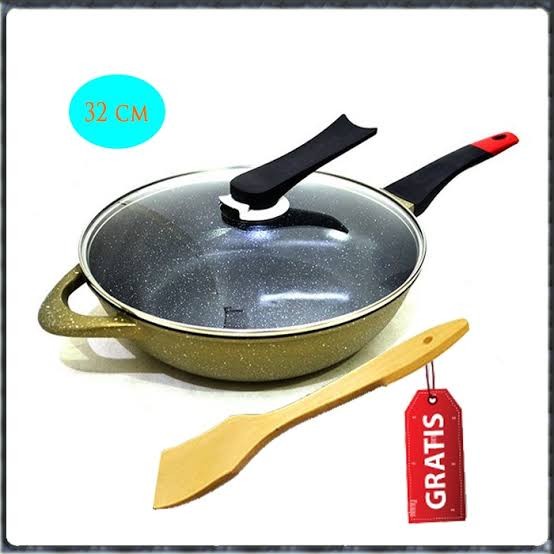 Panci Wok Pan Multi Use 32cm Omicko Free Spatula Kayu