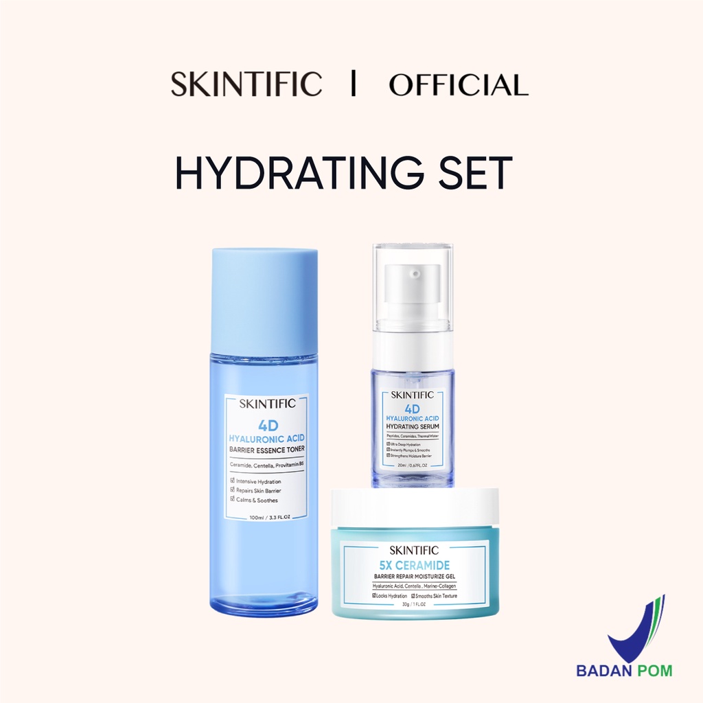 SKINTIFIC 3 pcs Paket Skincare with toner -  4D Hyaluronic Acid (HA) Barrier Essence Toner & 5X Ceramide Barrier Repair Moisturize Gel & 10% Niacinamide Brightening Serum 20Ml & 5% Aha Bha Pha Exfoliating Toner & 5X Ceramide Soothing Toner 80ml-hydrating set