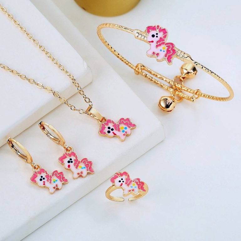 Y042【Pengiriman di tempat】Cincin Anak Anak Perempuan Pony Murah Set Perhiasan Anak Pony Kalung Cincin Anting Gelang Set