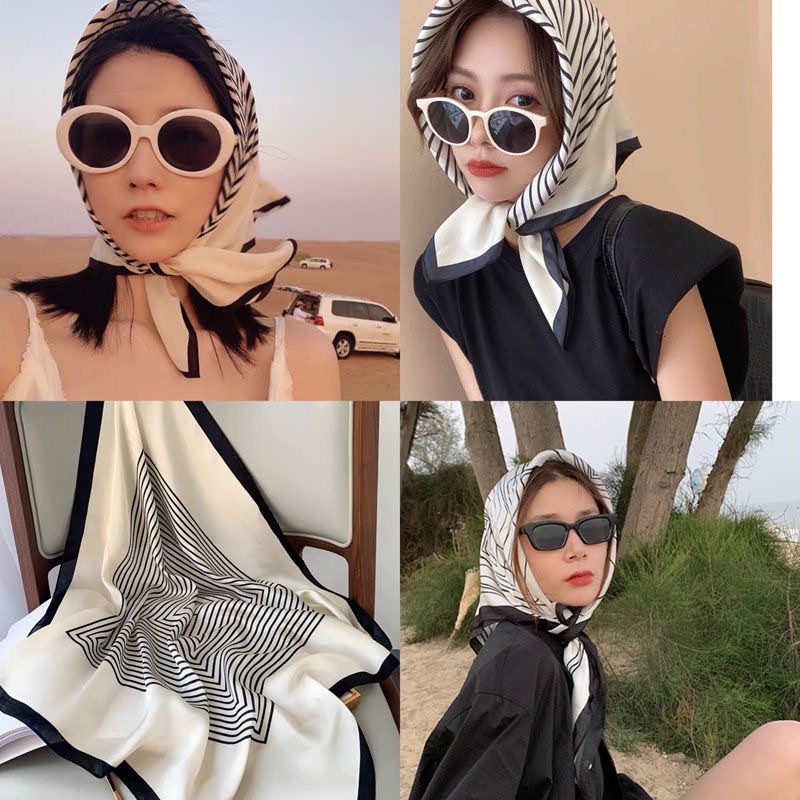 Wanita kerudung Korea Hijab Besar Syal Persegi 90 Cm Besar Persegi Syal Wanita Sederhana Temperamen Bergaris Syal Sutra Selendang All-Match Versi Korea Multi-Tujuan Simulasi masker wanita aksesoris bandana HeadBand wanita