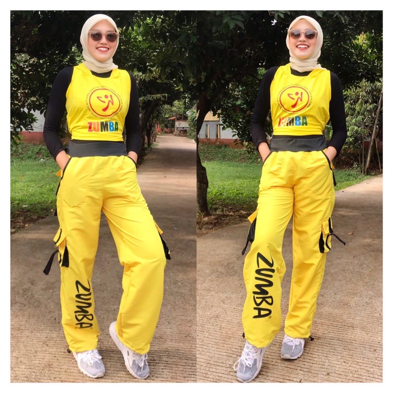 Celana Senam Olahraga Zumba Kuning List Hitam Cargo / Celana Training Fitness Cycling Running Gym