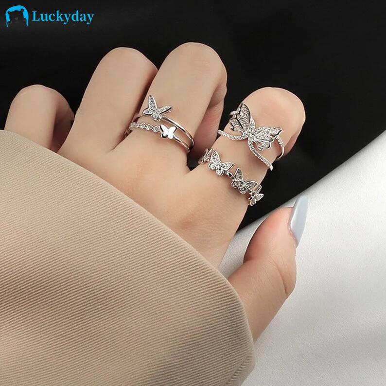 YEEZII Set Cincin Desain Kupu-Kupu Aksen Kristal Untuk Wanita