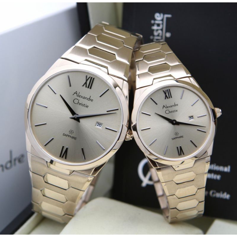 AC8542 Jam Tangan Couple Alexandre Christie AC 8542 Couple Original Soft Gold