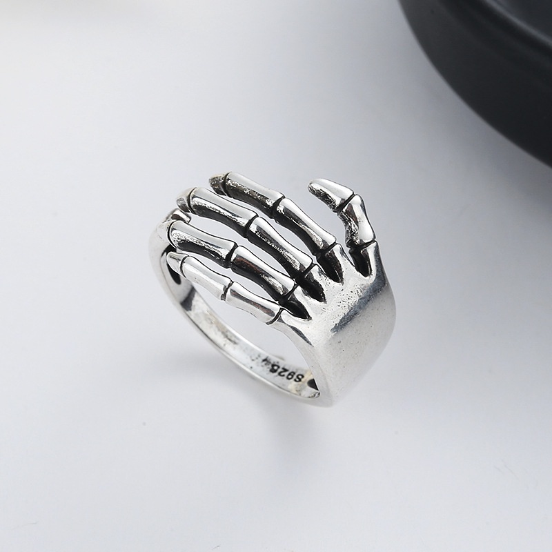 1pc Cincin Adjustable Desain Kerangka Tangan Gaya Punk Rock Vintage