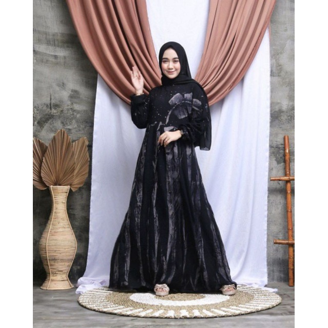 Gamis twill pelangi/gamis syari /gamis Rayon super abstrak malaman ukuran S M L XL XXL-Galaran abu daun