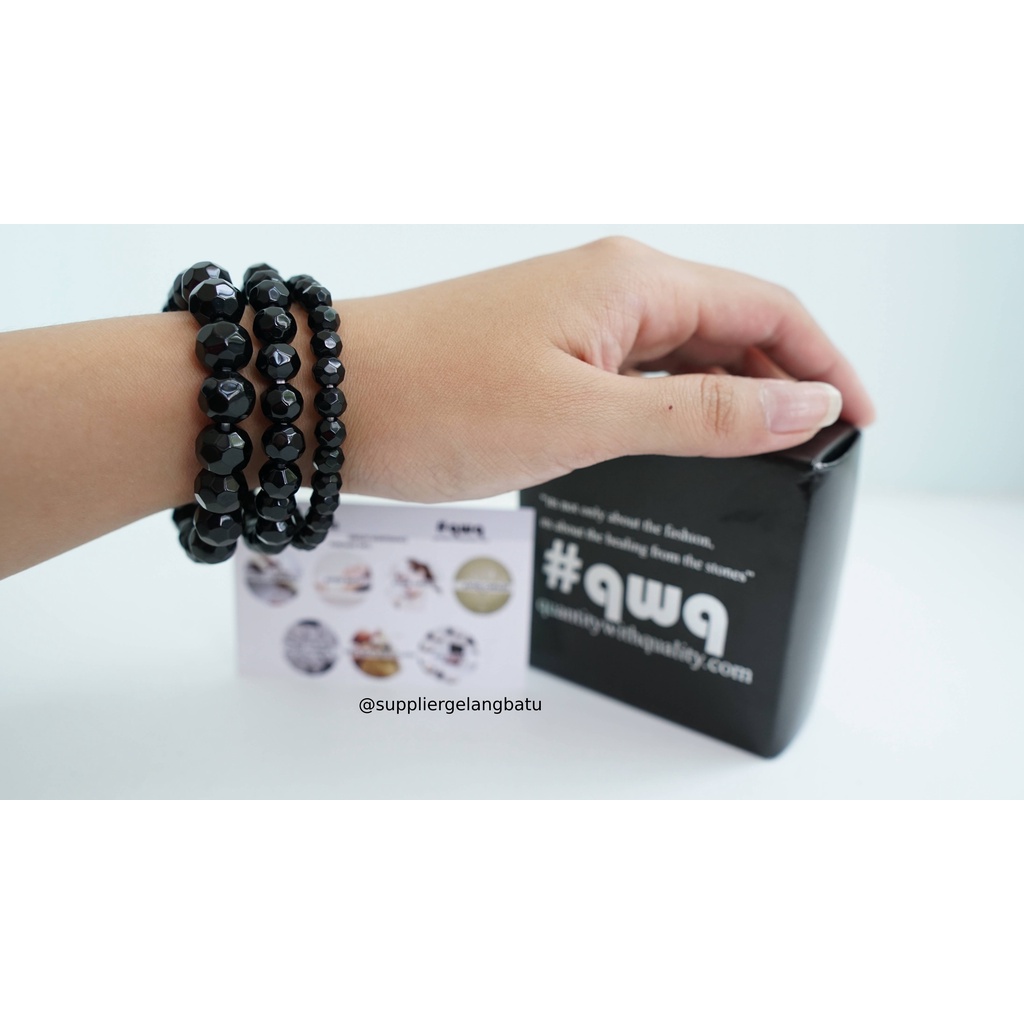 gelang kristal bola dunia black quartz kuarsa hitam kotak kado lux