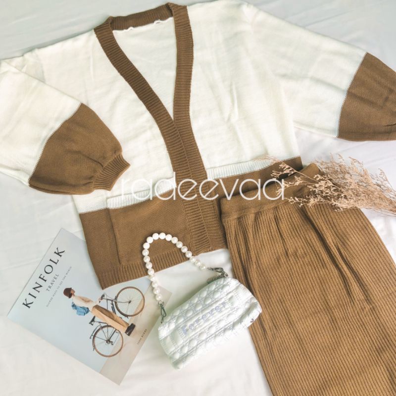 ONE SET RAJUT TWO TONE CARDIGAN DAN ROK KNIT PREMIUM-Bronze