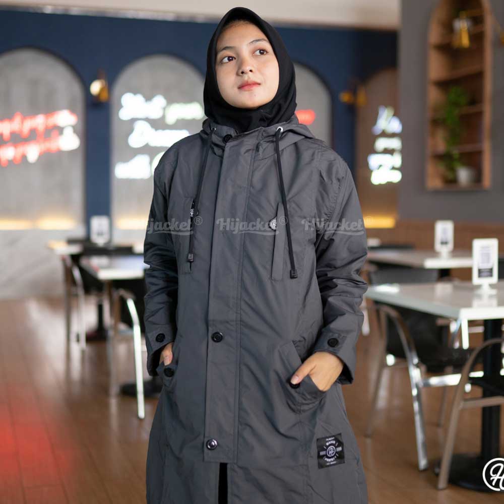 Jaket Jacket Parka Wanita Cewek Hoodie Muslimah Hijaber Hijaket Hijacket Kekinian Terbaru Ixora Abu-XXL