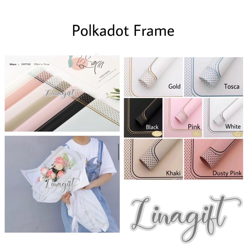 ( 5 Lembar ) POLKADOT FRAME - FLOWER WRAPPING PAPER / KOREAN CELLOPHANE KOTAK KOTAK PLASTIC WATERPROOF/ KERTAS BUNGA/BUKET/ FLORIST