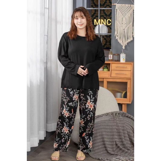 PIYAMA PP WANITA IMPORT SPANDEX|BIGSIZE|JUMBO/SET OVERSIZE/BAJU TIDUR lengan panjang-PP.SJ HITAM BUNGA