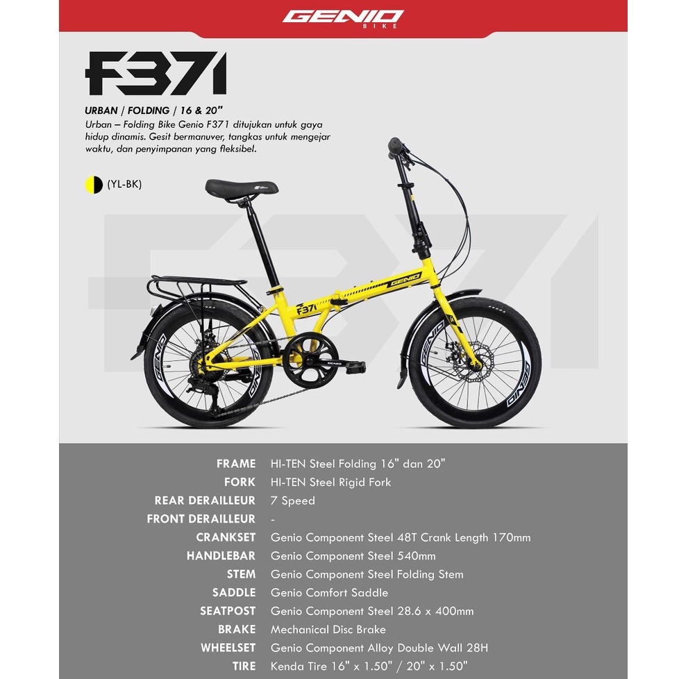 Sepeda Lipat Genio F371 F 371 mirip lunox Folding 16 Inch dan 20 Inch 7 speed SNI garansi resmi kirim seindonesia bisa cod cash kredit hitam biru kining silver abu grey blue black boncengan rem cakram-1