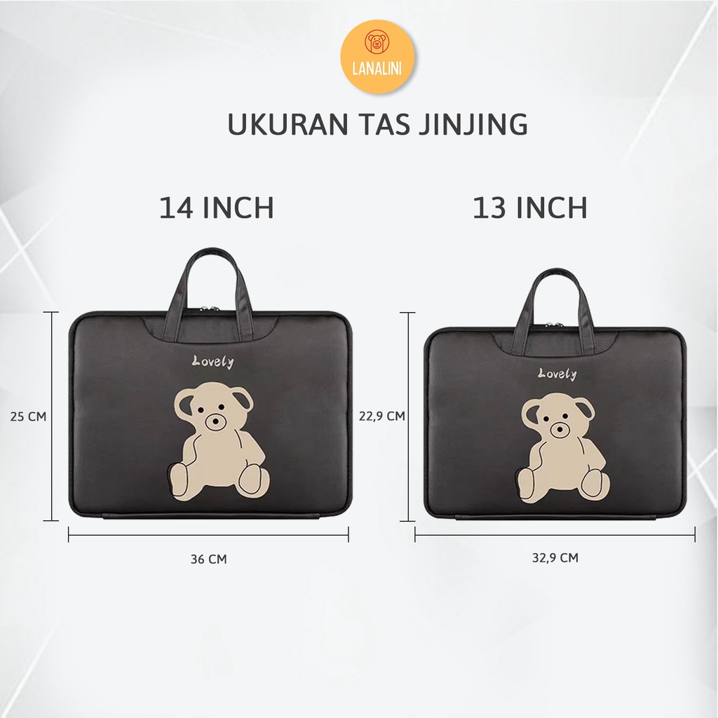 Sleeve Pouch Sarung Tas Bag Case Ipad Tab Tablet Macbook Air Pro Laptop Asus Acer Lenovo HP Huawei 11 12 13 14 15 inch Motif Gambar Beruang Bear Lovely Warna Hitam Black Cute Murah Korean Model Jinjing Tali Strap