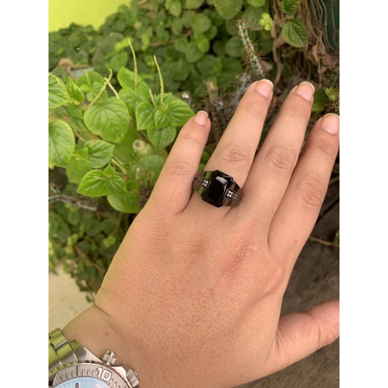 Cincin Pria Black Onyx Ring Hitam Platted Zirconia Anti Luntur dan Karat Model Minimalis Elegan