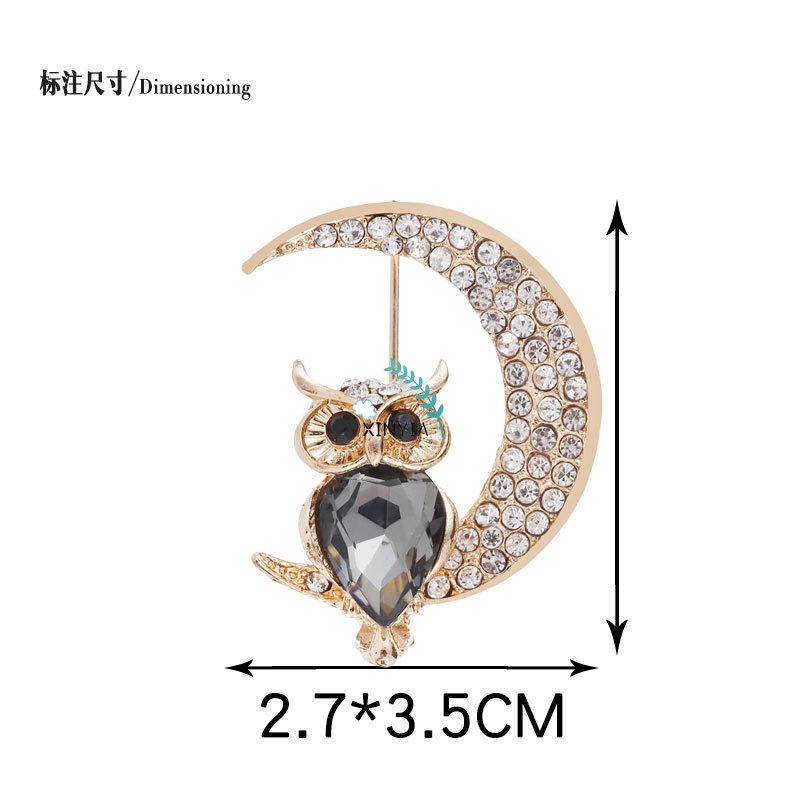 Crystal Bros Owl Moon Kartun Wanita Aksesoris Pakaian Brooch Berlian Imitasi Bermutu Berlian