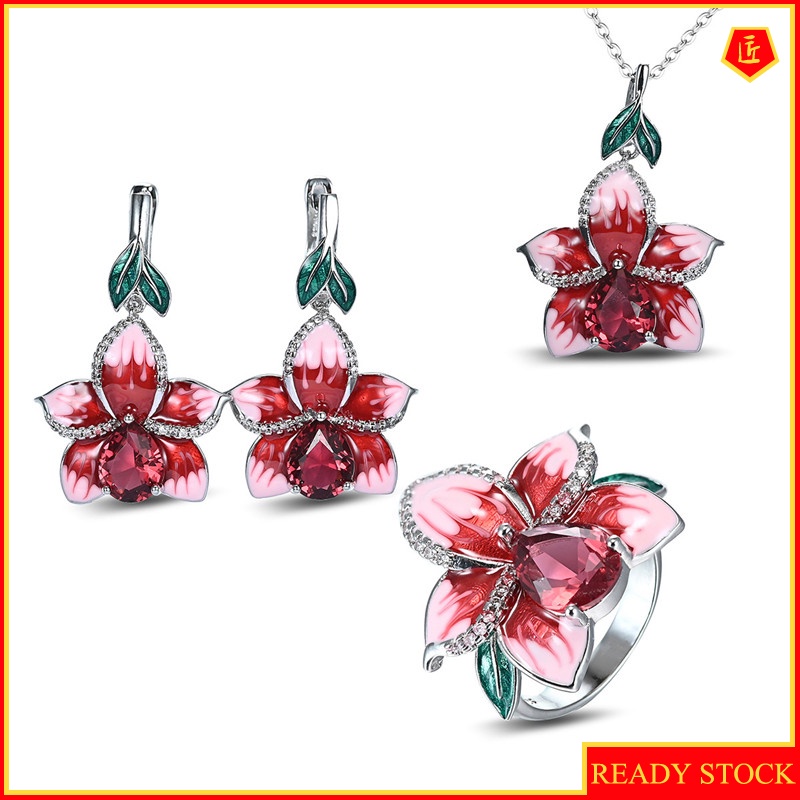 [Ready Stock]Ruby Pink Earring Ring Necklace Set for Women