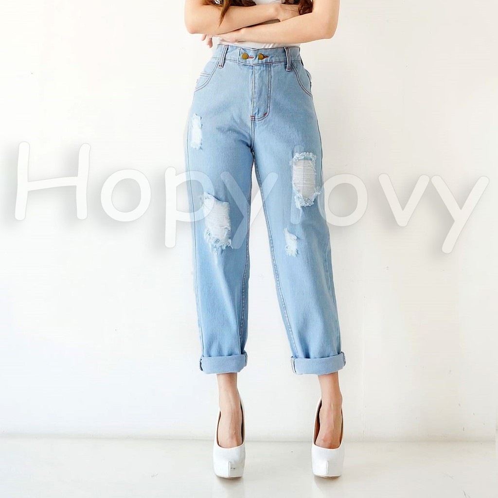 HOPYLOVY - Celana Jeans Boyfriend Wanita Ripped Furing Danita