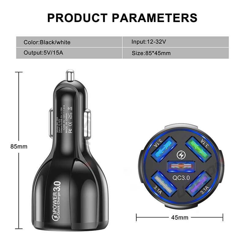 Car Charger Mobil USB 5 Port QC3.0 15A Overcharging Protection