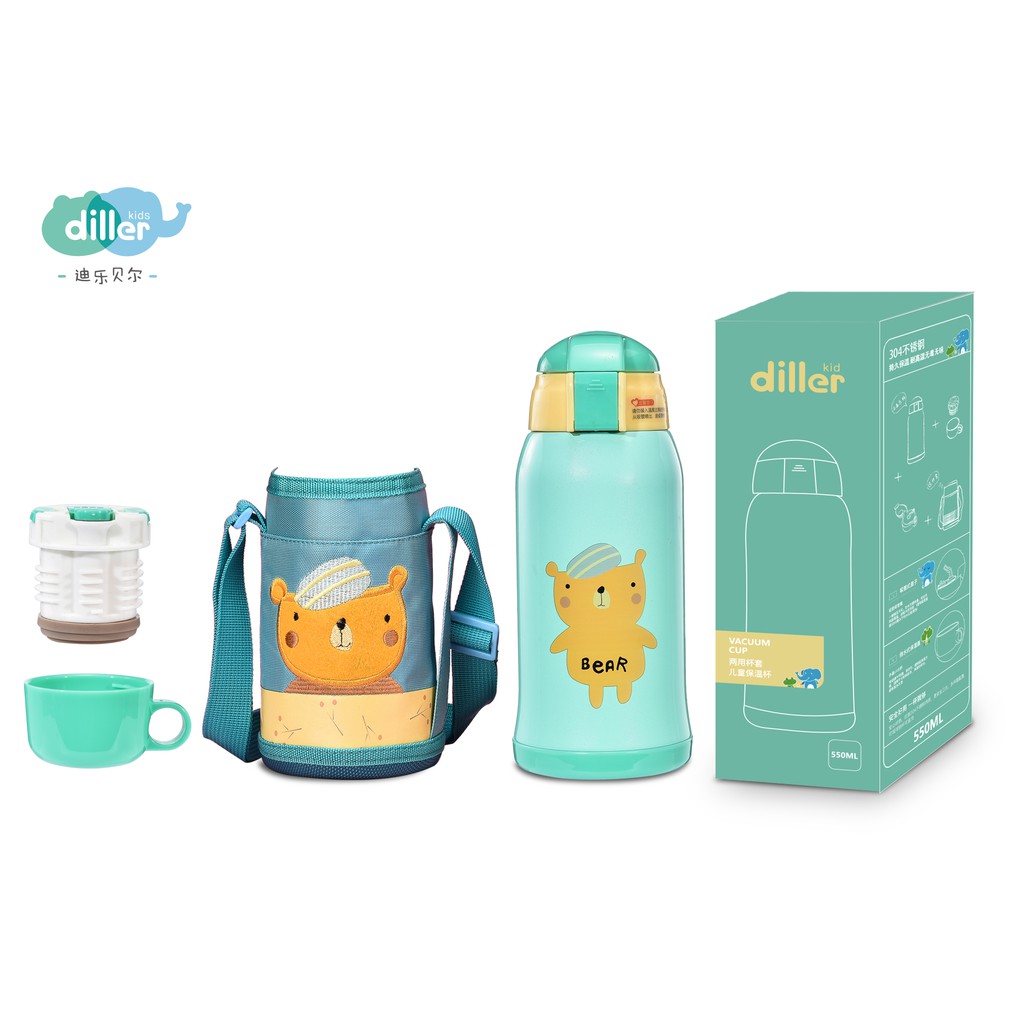 Botol air Termos Vacuum Stainless Steel Diller DUAL CAP dengan TAS