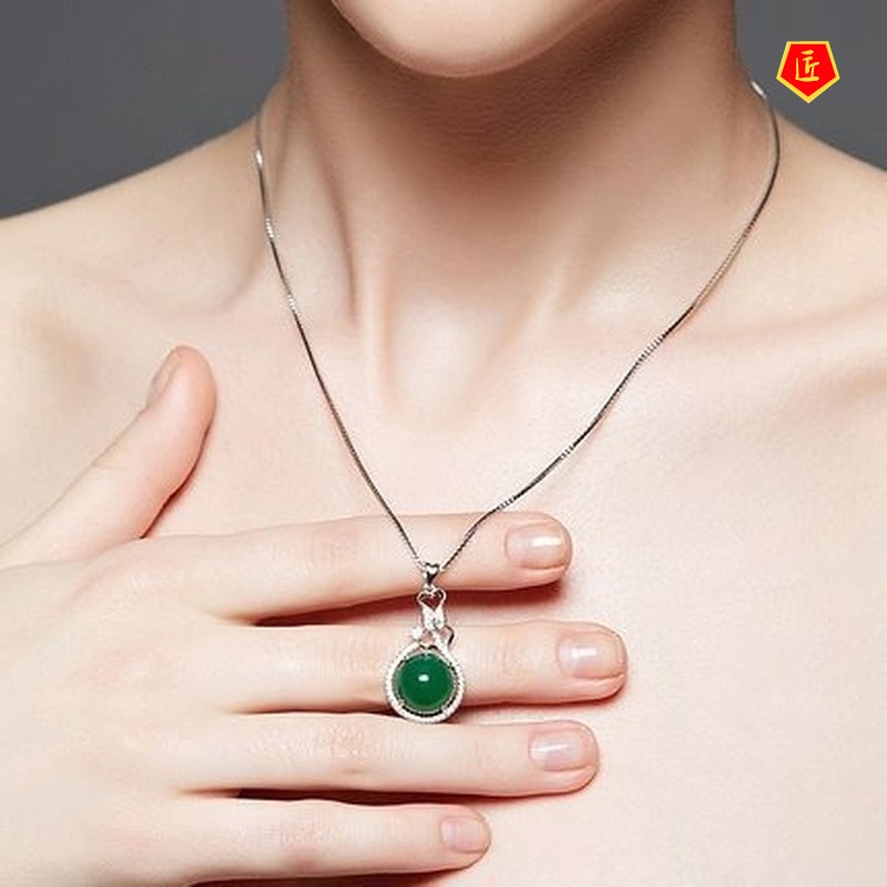 [Ready Stock]Green Chalcedony Silver Necklace Women's Fashion Pendant