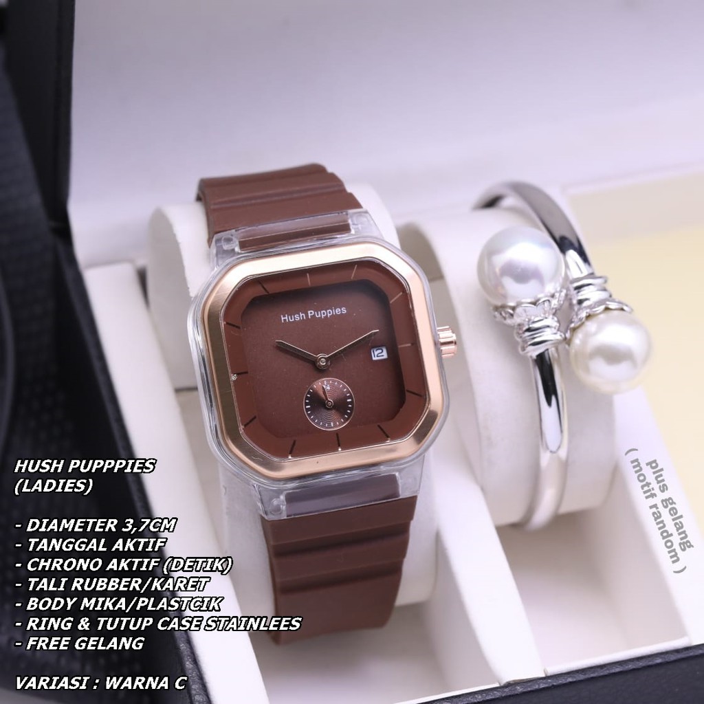 JAM TANGAN WANITA HUSHPUPPIES TALI RUBBER BODY SEGI TANGGAL &amp; CHRONO AKTIF FREE GELANG