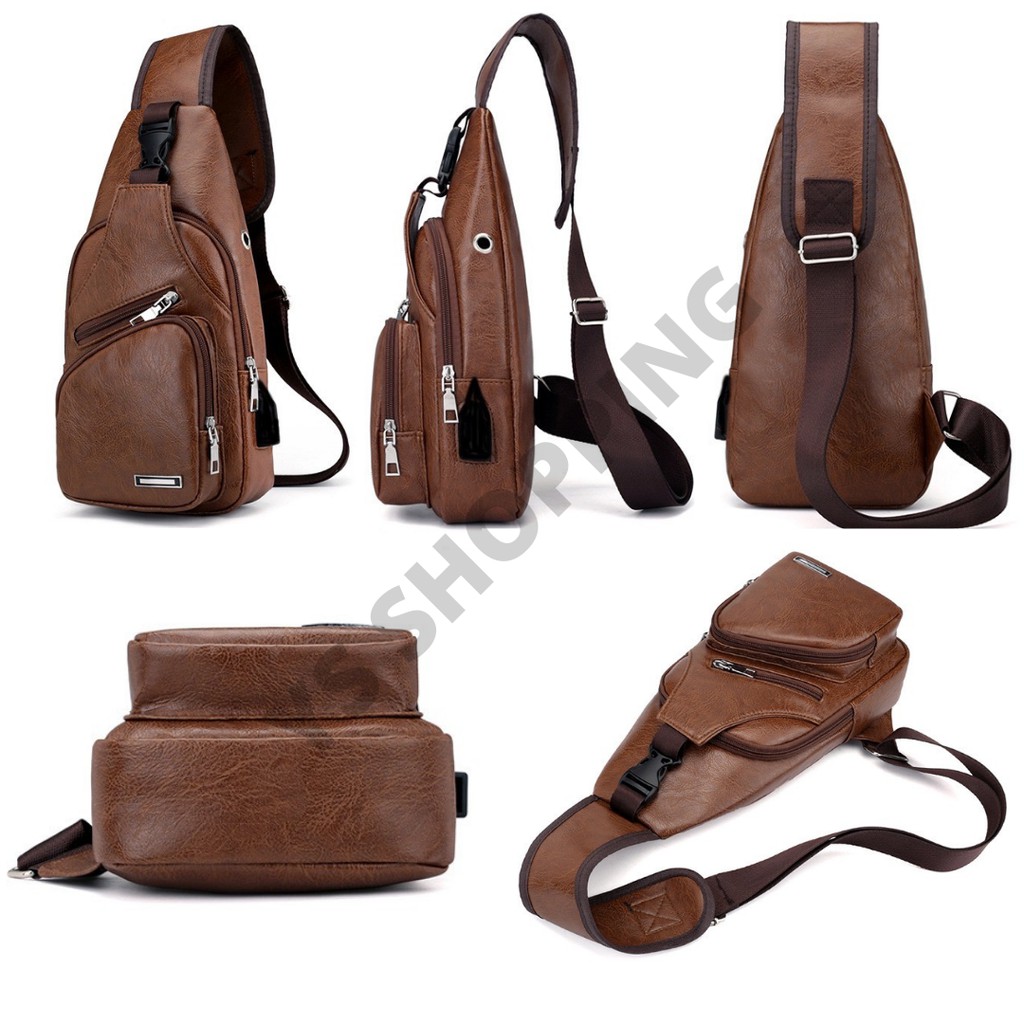 Tas Selempang Kulit Pria Premium High Quality / Tas Selempang Dengan Port Usb