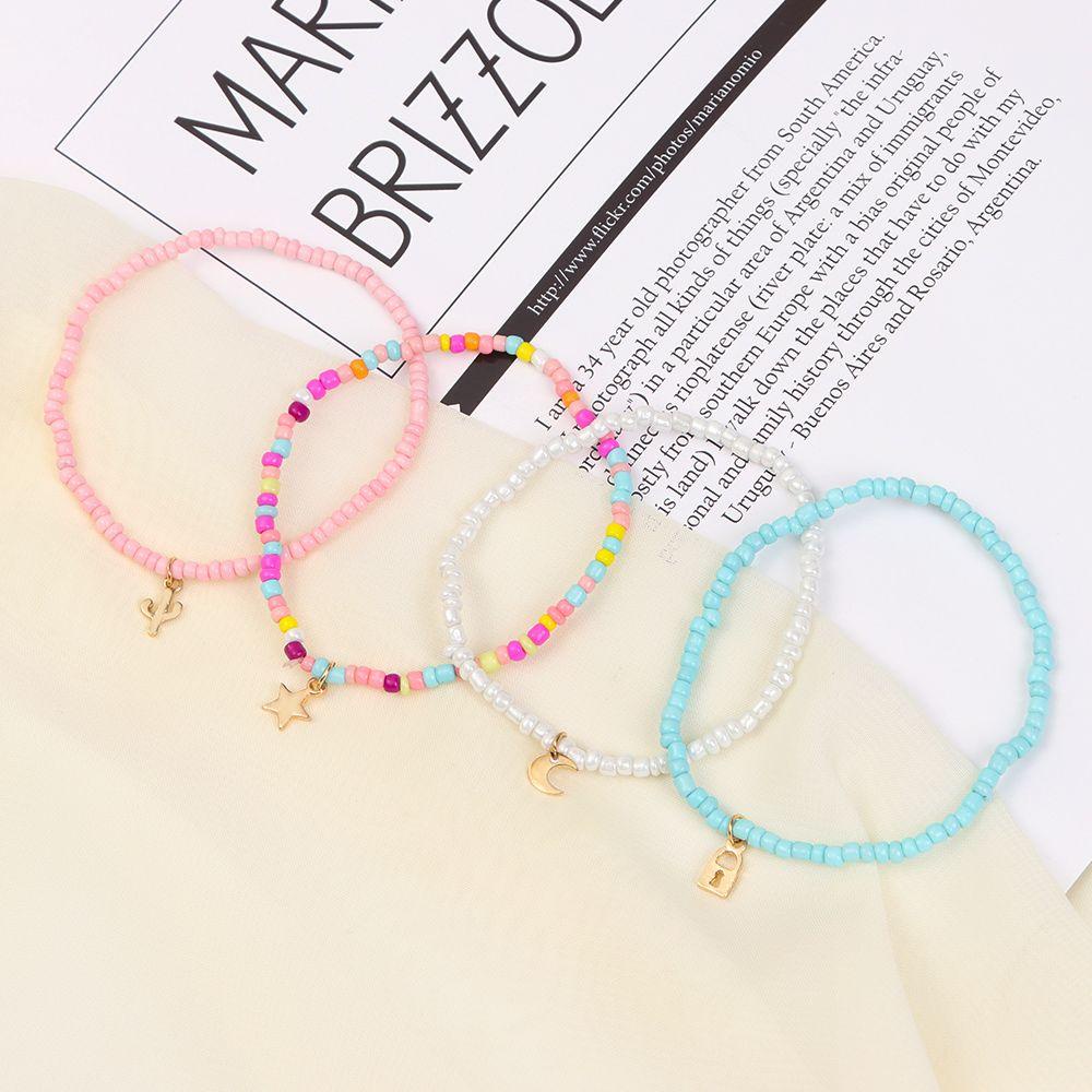 Lily 4PCS /SET Gelang Kaki Multilayer Elastisitas Gelang Kaki Bohemian Lucu Campur