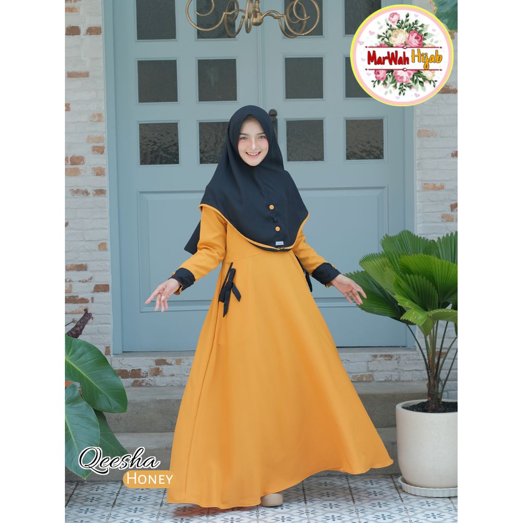 Termurah original gamis marwah hijab qeesha dress honey gamis syari set khimar gamis terbaru syar'i