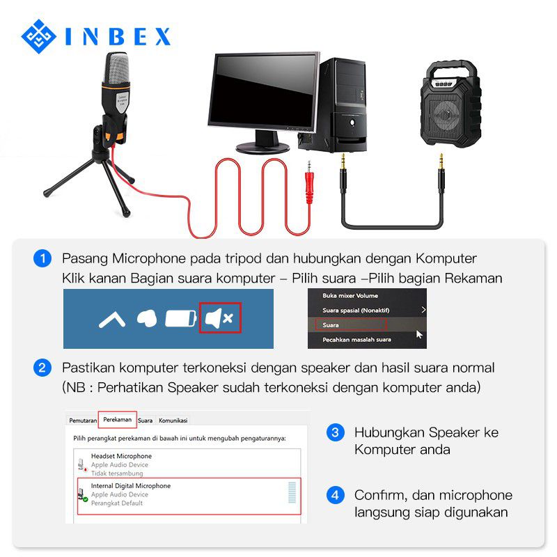 INBEX SF-666 Kondenser Mikrofon dengan Tripod+Mic Cover Untuk komputer Hp Karaoke Fleco