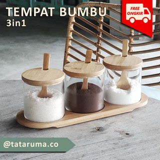 HABU Tempat  Bumbu  Dapur  Serbaguna Bahan Kaca 3in1 Tutup 