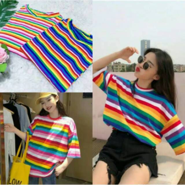 Fourfashion KAOS BAHAN TEBAL  T-SHIRT O-NECK MOTIF GARIS PELANGI SWEET RAINBOW