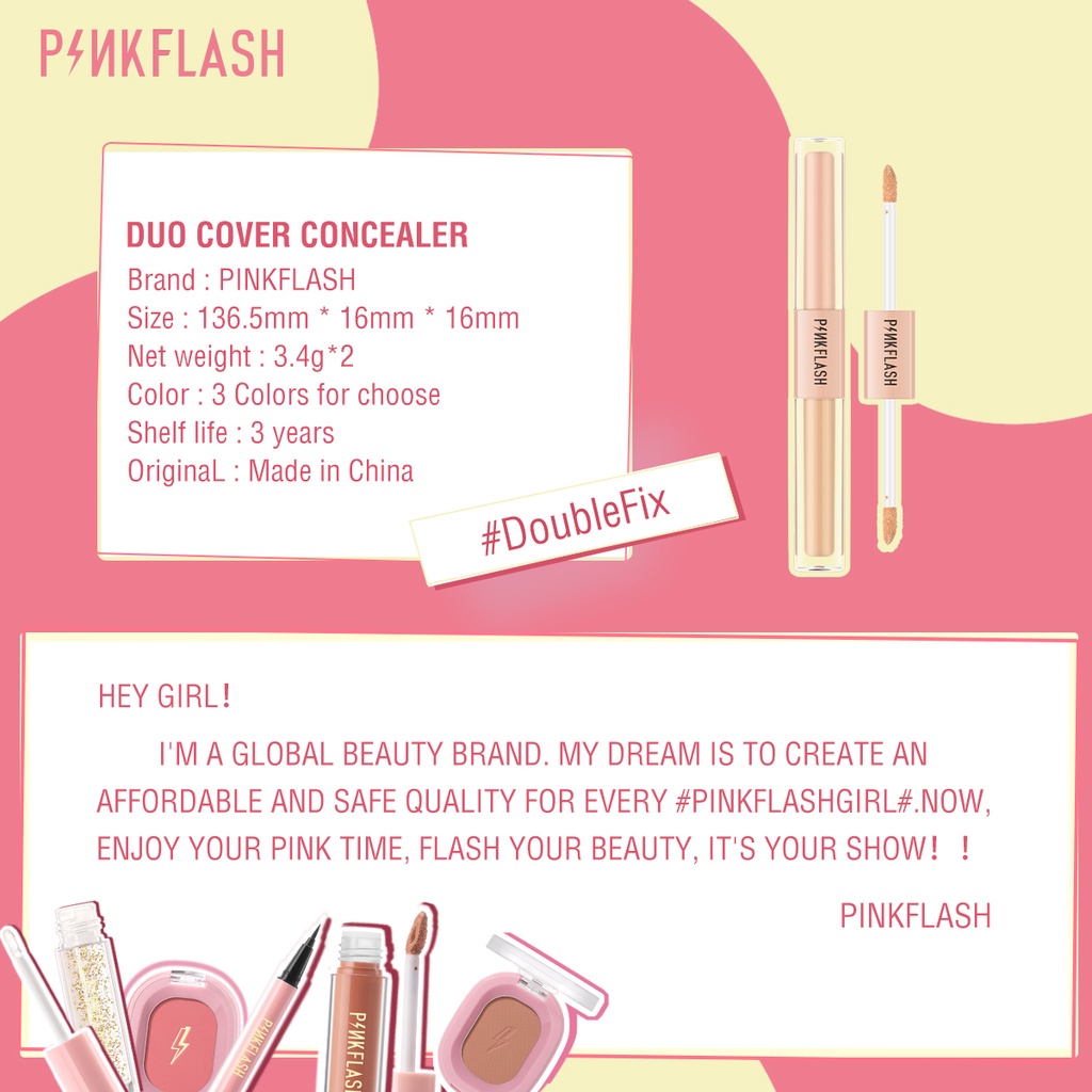 PINKFLASH 2-in-1 Concealer Full Coverage DoubleFix Brighten Matte Lightweight Dual-Shade Conceal Dark Circles Scar Acne Skin 40g