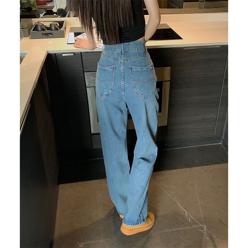 Gaya Korea Jeans Cutout Jeans Wanita Retro Pinggang Tinggi Longgar Lurus Celana Musim Panas Desain N