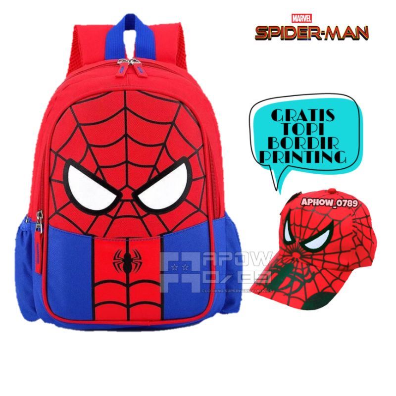 Tas Ransel Anak Sekolah TK-SD Laki-laki Karakter Spiderman Free Topi Bordir