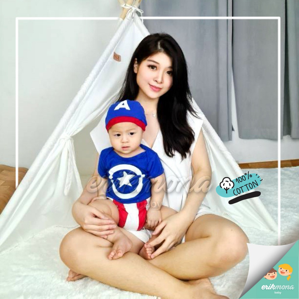 Ermon Baby - Jumper Bayi Laki Laki Jumper Baby Cowok Lucu Karakter Superhero Captain Amerika + Topi Usia 0 - 12 Bulan